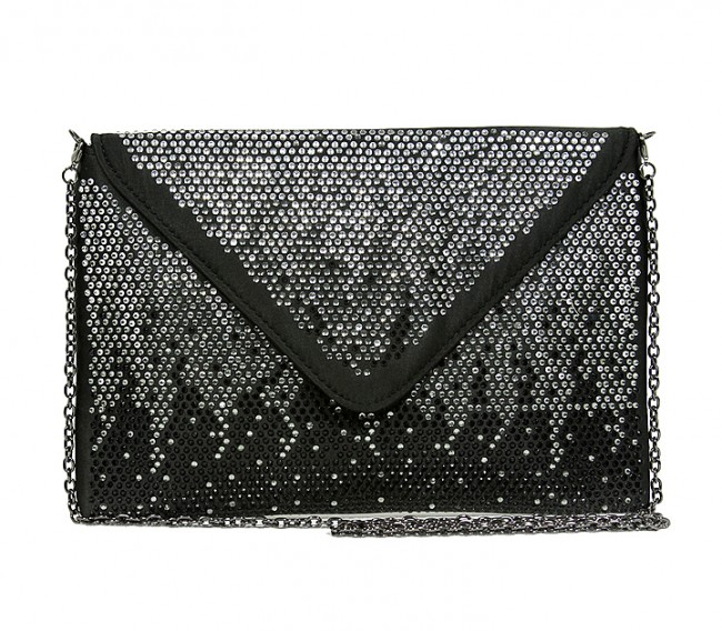 Evening Bag - Satin Envelope Clutch w/ Gradient Colored Rhinestones - Black -BG-EBP2043BK